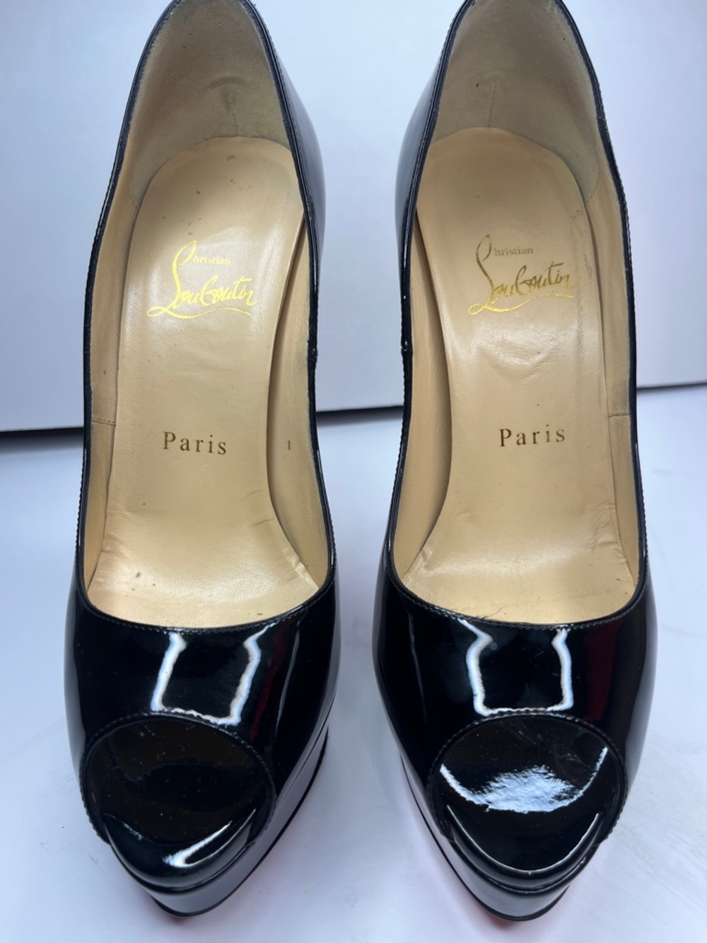 SZ 37 Christian Louboutin Black Patent Leather Peep-Toe Platform Pumps - Picture 3 of 15